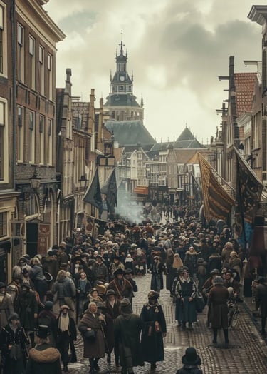 crowded streets of Alkmaar, Netherlands, as angry townspeople protest the newly imposed beer tax
