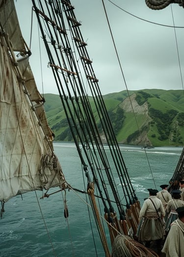 HMS Endeavour approaching the coastline of New Zealand near Gisborne