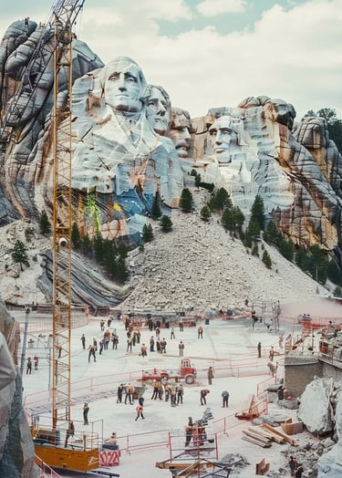 workers beginning the monumental task of carving Mount Rushmore in South Dakota.