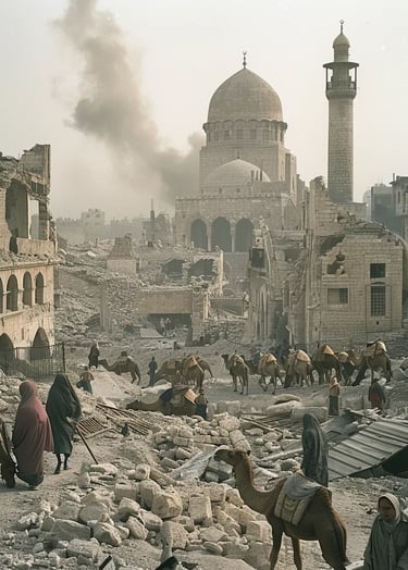 of Aleppo moments after the earthquake, showing the city in ruins. Minarets have collapsed
