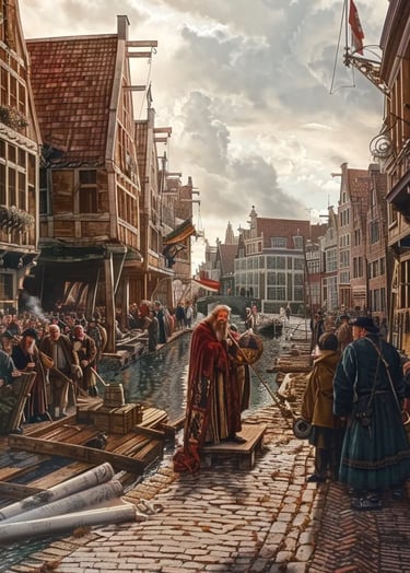 a bustling Amsterdam street, wooden houses tightly packed along a narrow canal