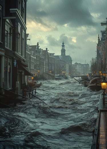 Amsterdam, 1675 – Wide-angle shot of raging floodwaters engulfing the city