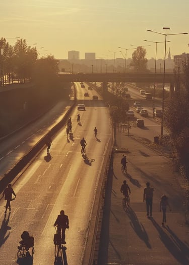 eerily empty highway, where bicycles and pedestrians replace cars