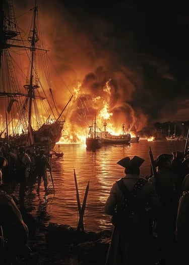 iery blaze engulfing crates of British East India Company