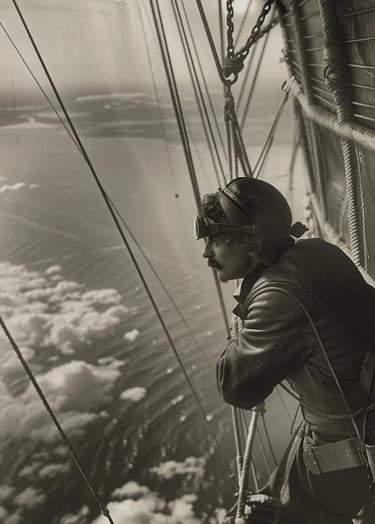 Walter Wellman, dressed in a heavy leather coat and goggles, leans over the gondola’s edge