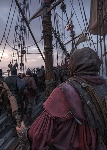 Santa Maria’s deck at dusk, showing 15th-century sailors in frayed woolen tunics