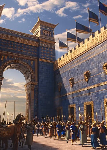 Persian soldiers clad in bronze-scale armor marching through the grand Ishtar Gate