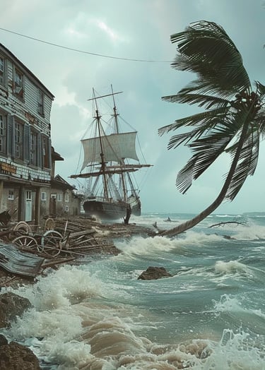 hurricane winds stripping palm trees bare, wooden colonial houses collapsing into surf
