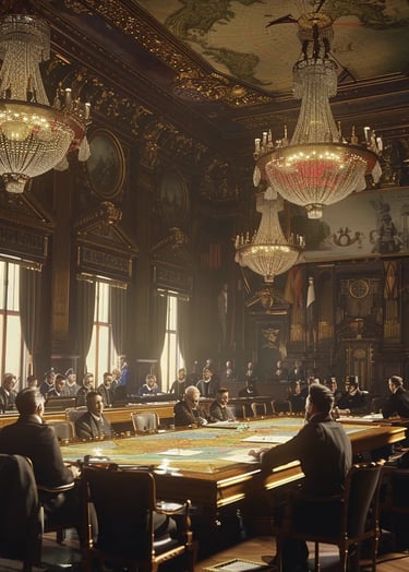 grand European conference hall, where German diplomats and Belgian officials sign documents