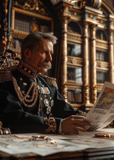 Kaiser Wilhelm II in a lavish study, his military uniform adorned with medals