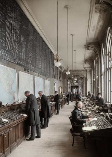 Imperial Post Office: delegates in frock coats and bowler hats lean over large wall maps