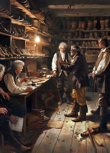 shoemakers in a dimly lit workshop, huddled together