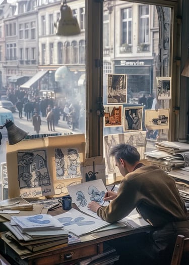 Belgian cartoonist Peyo seated at his drafting desk, sketching the first-ever Smurf in blue ink