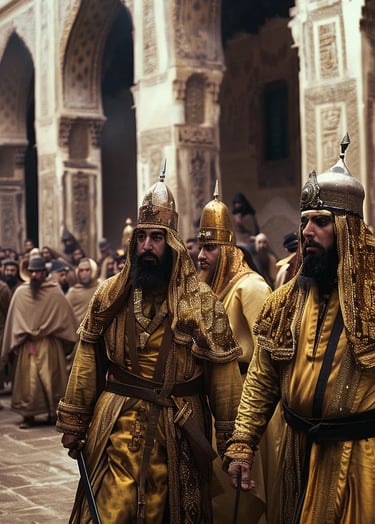 royal procession in the grand palace courtyard, where Sultan Qutuz, dressed in golden armor