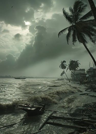 Calcutta as the cyclone approaches, with towering waves and dark storm clouds
