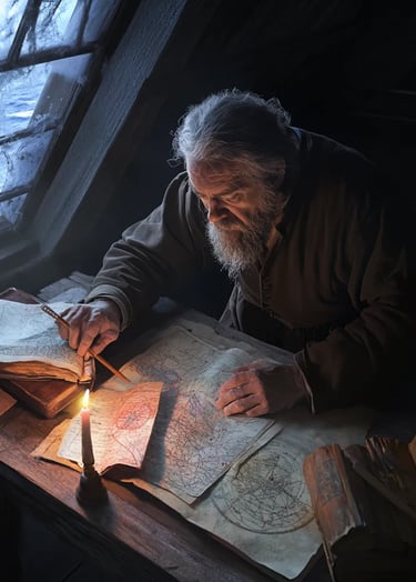 candlelit New England attic room, Herman Melville hunched over a rough pine desk cluttered