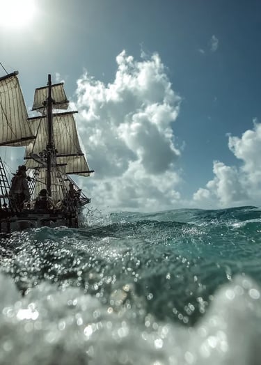 Blackbeard’s flagship sloop closes on a three-masted French merchant slave ship