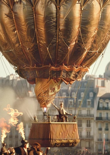 massive silk hot air balloon, its golden fabric shimmering in the morning light
