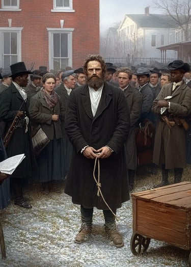 John Brown wears a plain black coat, linen shirt, and worn boots; wrists bound before him with rope