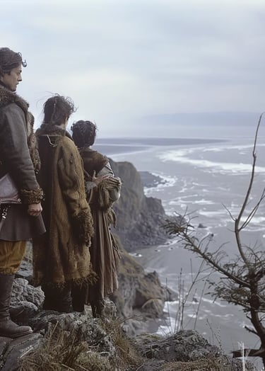 Columbia River, Pacific Coast, 1805 – Wide-angle shot of Lewis and Clark standing on a rocky bluff