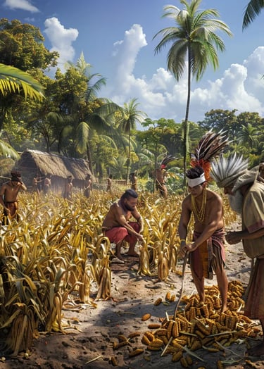indigenous Taino farmers tending to rows of golden maize under the tropical sun