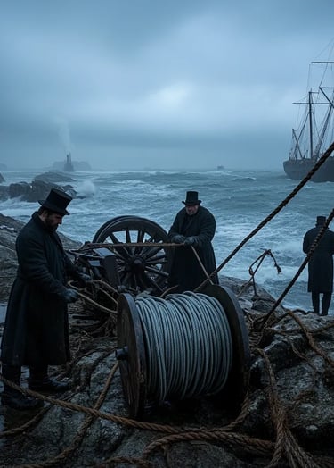 dawn on a rocky English coastline, 1840s engineers in wool coats and top hats unspooling