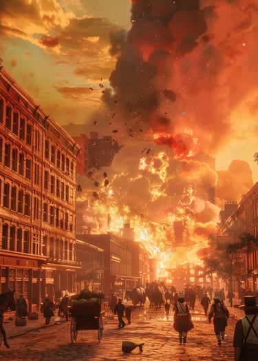 Downtown Boston, 1872 – Wide-angle shot of flames consuming brick buildings