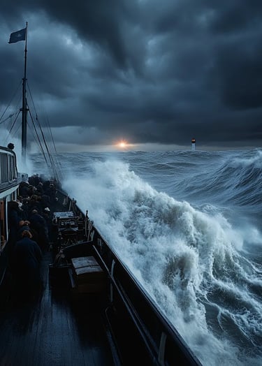 Dusk falling over the turbulent English Channel, 1905, passenger steamer Hilda pushing through