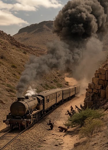dusty railway in Natal province, armored British train winding through sun-scorched hills