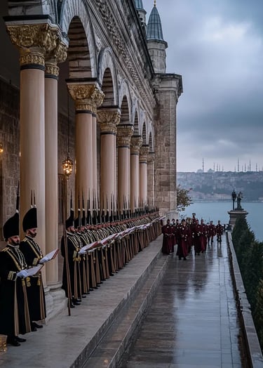 early morning in Istanbul, rows of Ottoman guards in ceremonial dress lining the steps of Dolmabahçe