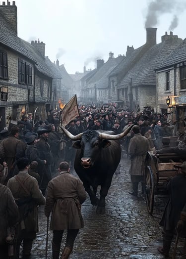 early Victorian era, crowded cobbled streets of Stamford, England, roaring bull charging