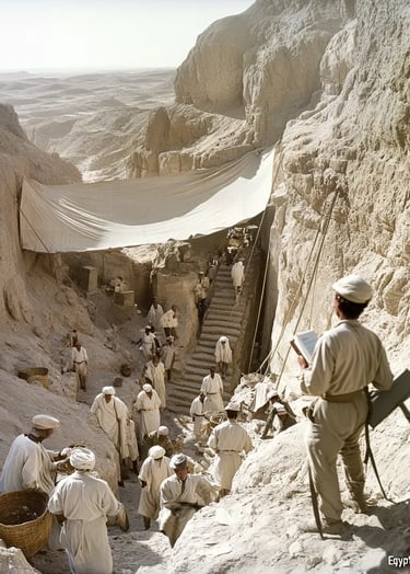 workers in white linen robes clear dust from a newly discovered stairway