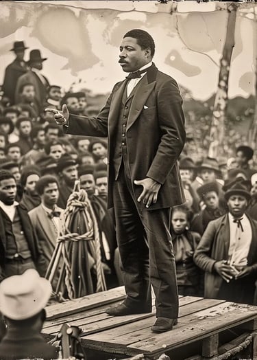 John Menard standing on a wooden platform, addressing a crowd of African American voters