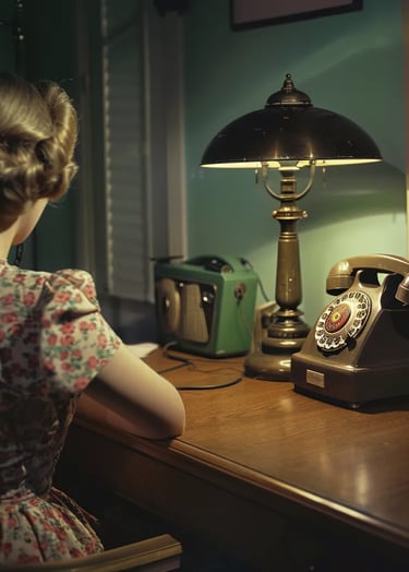 Englewood, New Jersey, 1951 – Wide-angle shot of a sleek rotary telephone sitting on a wooden desk