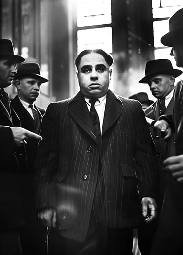  Al Capone walking toward the courthouse, surrounded by federal agents