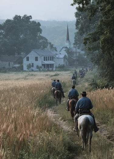 Gettysburg: Union cavalry in sky-blue frock coats and kepis cautiously ride past golden wheat fields
