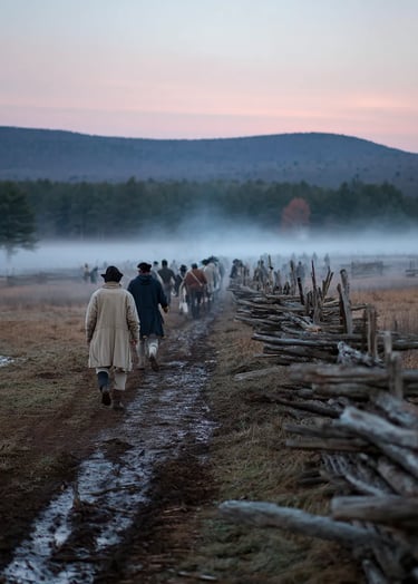 Soft dawn mist over dense pine forest reveals Fort Necessity’s hastily erected log palisades 