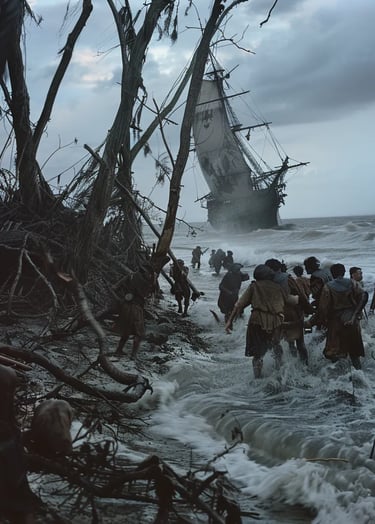 Spanish ship half-submerged in the stormy surf