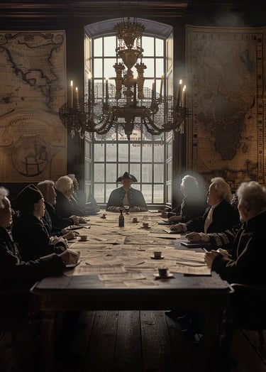 a candlelit negotiation hall, where English and Dutch diplomats sit at a grand wooden table