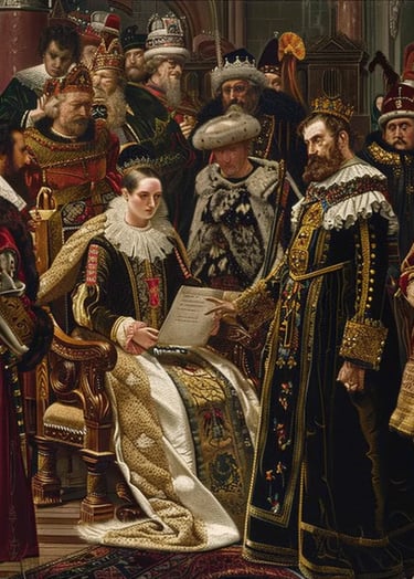 Queen Isabella seated on an ornate throne, dressed in regal robes