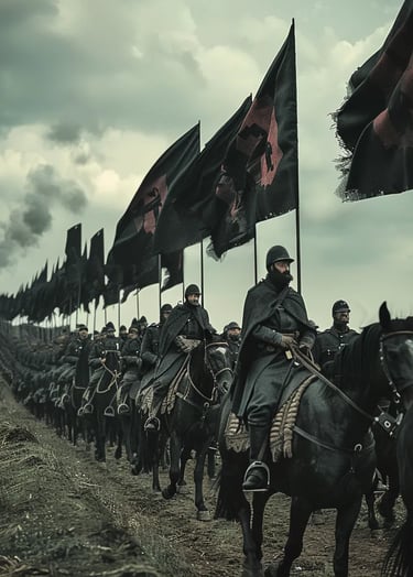 f Blackshirt fascists marching toward Rome, their black uniforms stark against the autumn sky