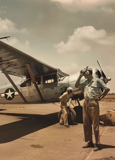 J.R.D. Tata standing beside a small, silver De Havilland Puss Moth aircraft