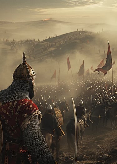 Ottoman and Hungarian forces clashing in the fog-covered valley