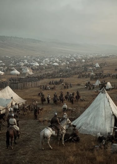 Batu Khan’s Mongol horde pitches black felt yurts and canvas tents beyond a wooden palisade
