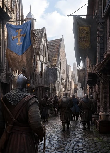 Medieval Utrecht street scene with rival factions preparing for conflict