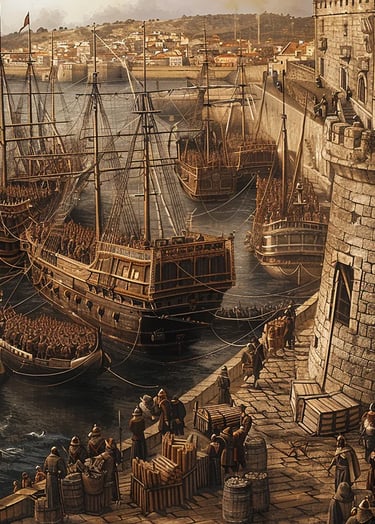 Spanish armada preparing for departure, its ships towering over the docks