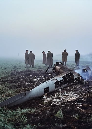  the wreckage of Enrico Mattei’s plane scattered across a foggy field.