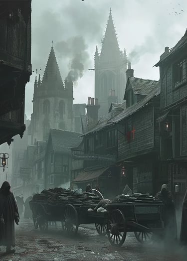 London, 1348 – Wide-angle shot of a fog-covered medieval street