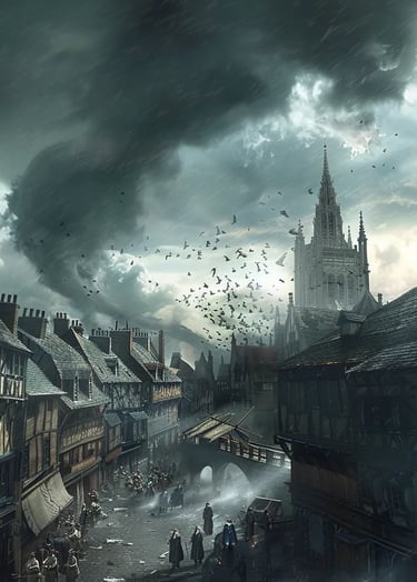 violent tornado spiraling over medieval London, dark clouds twisting above timber-framed buildings