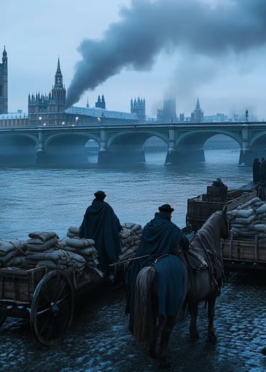 Londoners observe early frost on River Thames, boats, carts, chimneys.